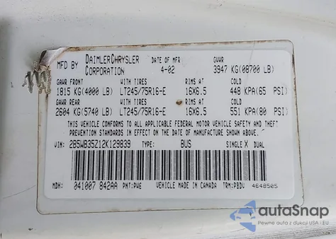 2002 Dodge Ram Wagon 3500 from USA, damaged, VIN 2B5WB35Z12K129839